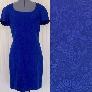 Vintage Royal Blue Silk Mini Dress Scoop Neck Floral Brocade Textured Size 10